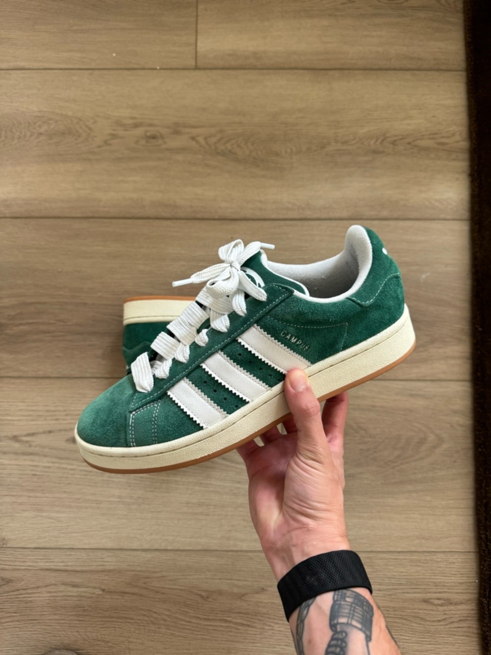adidas Green Suede Campus Sneakers with White Stripes